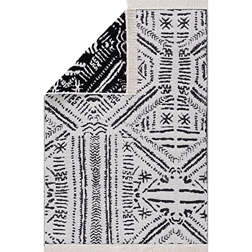 Pasha Home Läufer 60x120 cm Viyana/Boho Teppich aus Baumwolle für Wohnzimmer, Schlafzimmer, Küche, Bad, Kinderzimmer/Wendbar/Navy Schwarz-Weiß von Pasha Home