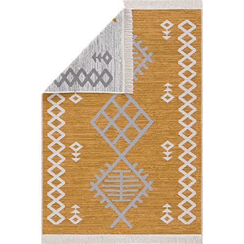 Pasha Home Läufer 60x180 cm Prag/Boho Teppich aus Baumwolle für Wohnzimmer, Schlafzimmer, Küche, Bad, Kinderzimmer/Wendbar/Senfgelb-Grau von Pasha Home