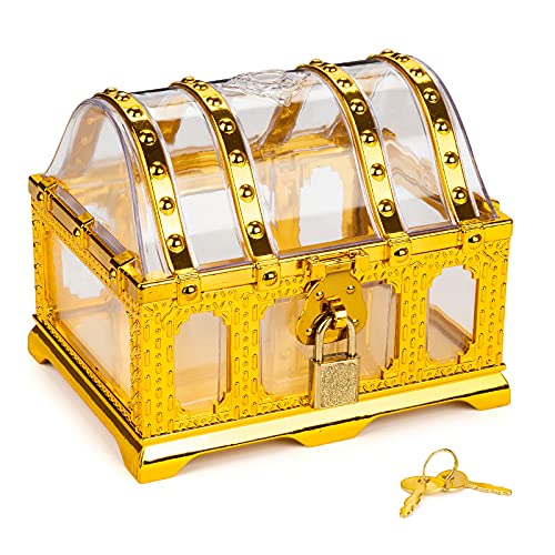 Pashali Piraten Spielzeug Schatzkiste mit Schloss und Tasten,Kinder Kunststoff Piraten Schatztruhe,Kleiner Preisorganisator für Kinder, Gold transparent Piratenkiste. von Pashali