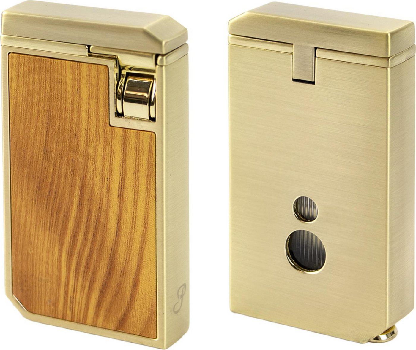 Passatore Feuerzeug Zigarrenfeuerzeug mit Rundcutter 8mm gold/Holzdesign in Geschenkbox (Zigarrenfeuerzeug inkl. Rundcutter), in einer Geschenkbox verpackt von Passatore