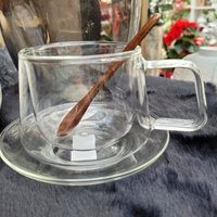 Teetasse Aus Glas Mit Holzlöffel Und Untersetzer, Kaffeetasse Teegeschirr Doppelter Boden Isolierboden von PassiFloraTrends