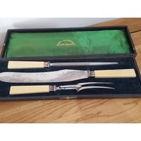 Vintage J G Parker 3-Teiliges Schnitzset, Silberfassungen, Messergabel Und Anspitzer, Speisebesteck, Fleischschnitzwerkzeuge von PastNFutureUK