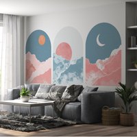 Mid Century Wandtattoo, Wandtattoo Abnehmbar, Boho Linie Berg, Kinderzimmer, Landschaft Wallpaper von PastelArtPrintables