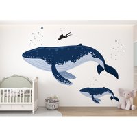 Wandtattoo Wale, Abnehmbare Baby Wandtattoo, Kinderzimmer Schälen Und Aufkleben, Aquarell Blauwal, Cartoon Dekor von PastelArtPrintables