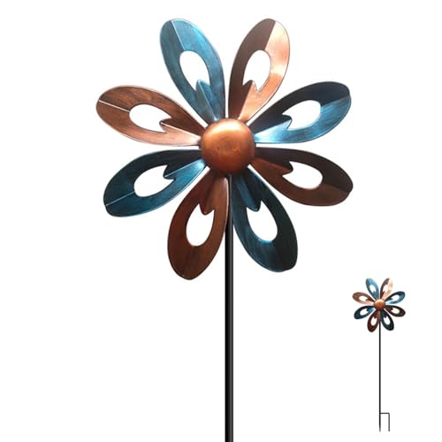 Garten Wind Spinner hohe Metall Wind Spinner im Freien Blütenblüten Windskulpturen mit gemahlenem Pfahl für Terrassen Rasen im Freien Yard Rasen Garten Dekorationen Bronze und blau, im Freien Wind Sp von Pastoralist
