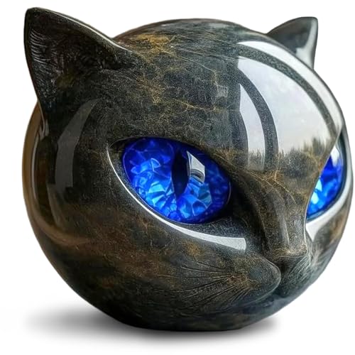 Pastoralist Luxus Schwarze Katzensteinskulptur, glückliche Edelsteinkeramik -Katzen -Figuren mit blauen Augen, raffiniertes Geschenk für Home Office Decor |.Katzenfiguren von Pastoralist