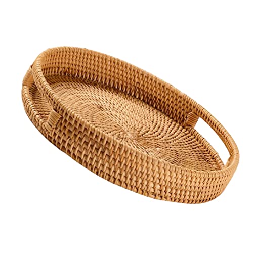 Rattan Tablett 13, 8 Zoll runde gewebte Weidenschale eingebautes Griff rustikaler Brotkörbe für Tisch dekorativen Rattan -Korb für Frühstück Getränke Snack für Wohnkultur |.Brotkörbe für Tisch von Pastoralist