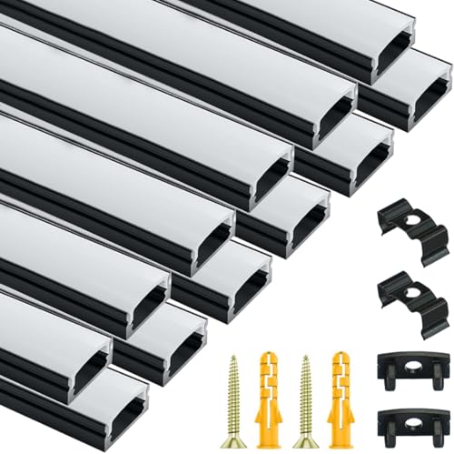 Pasun Schwarz LED-Profil 12 x 1 m, 12er-Pack U-Form Aluminium-Profil mit Milchiger Abdeckung, Endkappen und Montageklammern für LED-Streifen bis 12 mm von Pasun