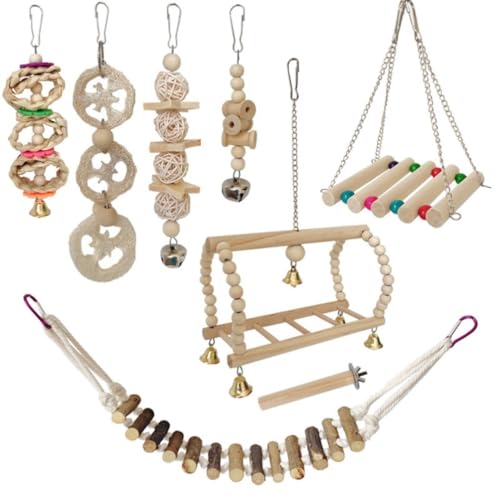 8Pcs Vogel Papagei Schaukel Kauspielzeug Set, Hölzerne Hängende Hängematte Kletterleitern, Haustier Vögel Käfig Spielzeug Für Kleine Sittich Nymphensittich Finken Sittiche Wellensittich Aras Liebe von PatPatPet