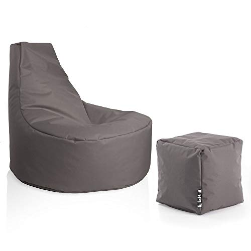 PATCH HOME Gamer Sessel Sitzsack inkl. Würfel Set Ø75cm, 30cm Sitzhöhe, 80cm Höhe + 35x35cm Würfel Anthrazit von PATCH HOME