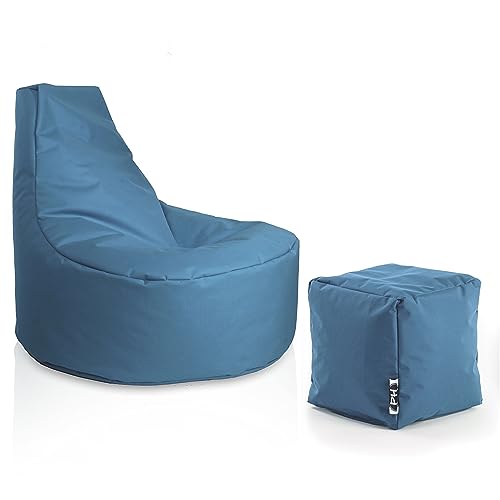 PATCH HOME Gamer Sessel inkl. Würfel Bean Bag Set Ø75cm, 30cm Sitzhöhe, 80cm Höhe + 35x35cm Würfel Blaugrau von PATCH HOME