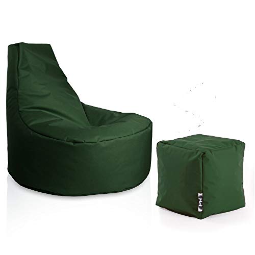 PATCH HOME Gamer Sessel inkl. Würfel Bean Bag Set Ø75cm, 30cm Sitzhöhe, 80cm Höhe + 35x35cm Würfel Dunkelgrün von PATCH HOME