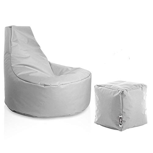 PATCH HOME Gamer Sessel inkl. Würfel Bean Bag Set Ø75cm, 30cm Sitzhöhe, 80cm Höhe + 35x35cm Würfel Grau von PATCH HOME