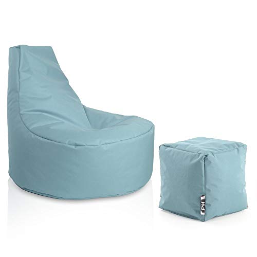 PATCH HOME Gamer Sessel Sitzsack inkl. Würfel Bean Bag Set Ø75cm, 30cm Sitzhöhe, 80cm Höhe + 35x35cm Würfel Hellblau von PATCH HOME