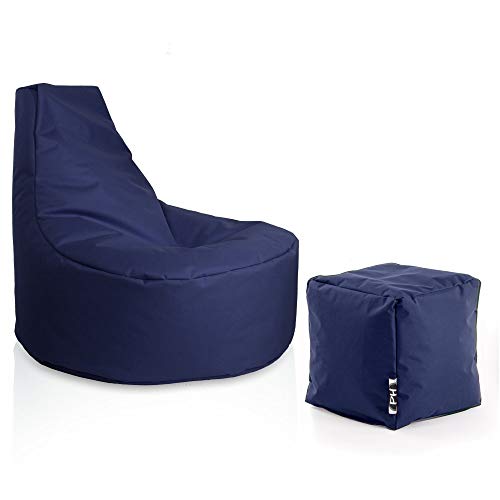 PATCH HOME Gamer Sessel inkl. Würfel Bean Bag Set Ø75cm, 30cm Sitzhöhe, 80cm Höhe + 35x35cm Würfel Marine von PATCH HOME