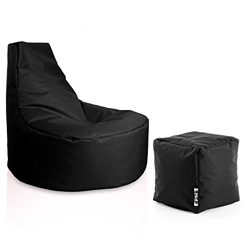 PATCH HOME Gamer Sessel Sitzsack inkl. Würfel Bean Bag Set Ø75cm, 30cm Sitzhöhe, 80cm Höhe + 35x35cm Würfel Schwarz von PATCH HOME