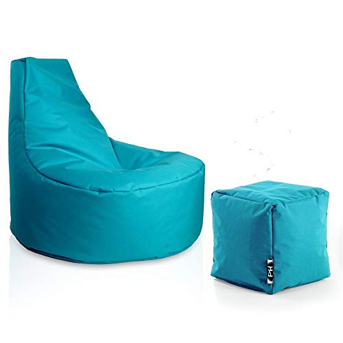 PATCH HOME Gamer Sessel Sitzsack inkl. Würfel Bean Bag Set Ø75cm, 30cm Sitzhöhe, 80cm Höhe + 35x35cm Würfel Türkis von PATCH HOME