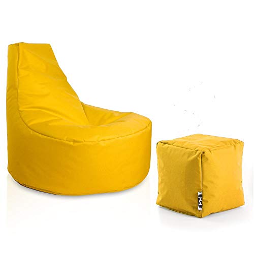 PATCH HOME Gamer Sessel Sitzsack inkl. Würfel Bean Bag Set Ø80cm, 30cm Sitzhöhe, 90cm Höhe + 35x35cm Würfel Gelb von PATCH HOME