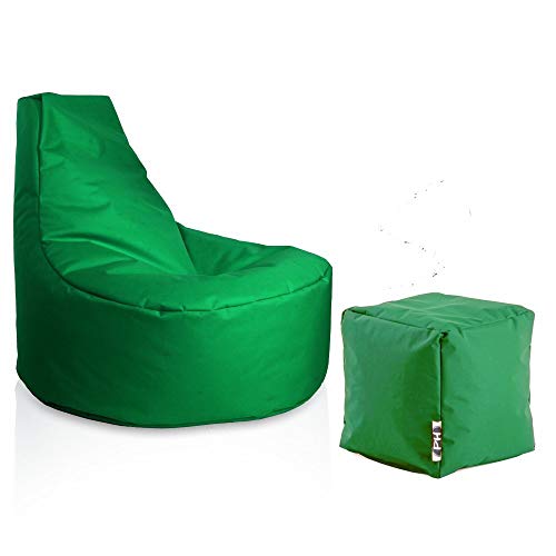 PATCH HOME Gamer Sessel inkl. Würfel Bean Bag Set Ø80cm, 30cm Sitzhöhe, 90cm Höhe + 35x35cm Würfel Grün von PATCH HOME