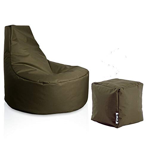 PATCH HOME Gamer Sessel Sitzsack inkl. Würfel Bean Bag Set Ø80cm, 30cm Sitzhöhe, 90cm Höhe + 35x35cm Würfel Khaki von PATCH HOME