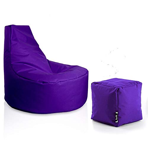 PATCH HOME Gamer Sessel Sitzsack inkl. Würfel Bean Bag Set Ø80cm, 30cm Sitzhöhe, 90cm Höhe + 35x35cm Würfel Lila von PATCH HOME