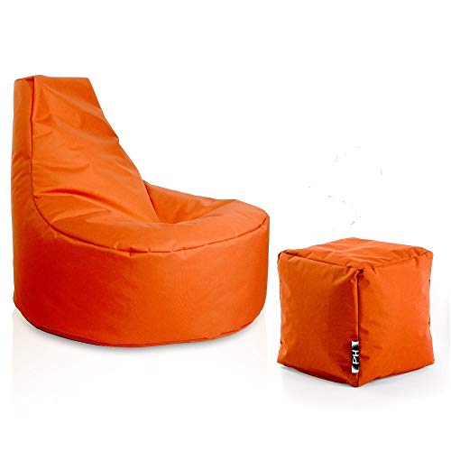 PATCH HOME Gamer Sessel Sitzsack inkl. Würfel Bean Bag Set Ø80cm, 30cm Sitzhöhe, 90cm Höhe + 35x35cm Würfel Orange von PATCH HOME