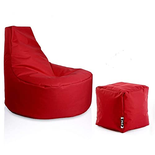 PATCH HOME Gamer Sessel Sitzsack inkl. Würfel Bean Bag Set Ø80cm, 30cm Sitzhöhe, 90cm Höhe + 35x35cm Würfel Rot von PATCH HOME