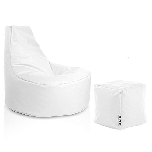 PATCH HOME Gamer Sessel inkl. Würfel Bean Bag Set Ø80cm, 30cm Sitzhöhe, 90cm Höhe + 35x35cm Würfel Weiß von PATCH HOME