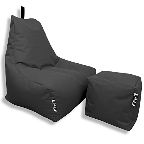 PATCH HOME Patchhome Sitzsack Lounge Sessel + Würfel/Hocker mit Reißverschluss Gamer Sitzkissen fertig mit Styropor Füllung befüllt H:82cm | T:70cm | B:75cm + 35x35cm Würfel Anthrazit von PATCH HOME