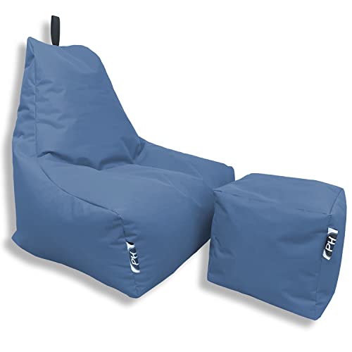 PATCH HOME Patchhome Sitzsack Lounge Sessel + Würfel/Hocker mit Reißverschluss Gamer Sitzkissen fertig mit Styropor Füllung befüllt H:82cm | T:70cm | B:75cm + 35x35cm Würfel Blaugrau von PATCH HOME