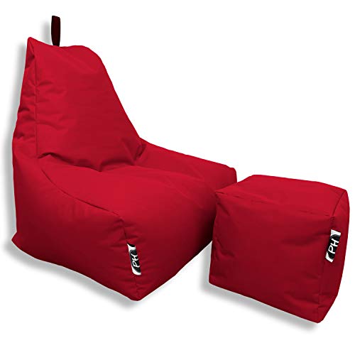 PATCH HOME Patchhome Sitzsack Lounge Sessel + Würfel/Hocker mit Reißverschluss Gamer Sitzkissen fertig mit Styropor Füllung befüllt H:82cm | T:70cm | B:75cm + 35x35cm Würfel Rot von PATCH HOME