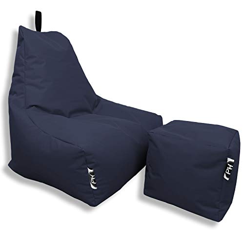 PATCH HOME Patchhome Sitzsack Lounge Sessel + Würfel/Hocker mit Reißverschluss Gamer Sitzkissen fertig mit Styropor Füllung befüllt H:90cm | T:78cm | B:82cm + 35x35cm Würfel Marine von PATCH HOME