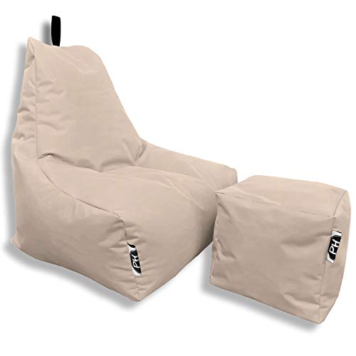 PATCH HOME Patchhome Sitzsack Lounge Sessel + Würfel/Hocker mit Reißverschluss Gamer Sitzkissen fertig mit Styropor Füllung befüllt H:90cm | T:78cm | B:82cm + 35x35cm Würfel Creme von PATCH HOME