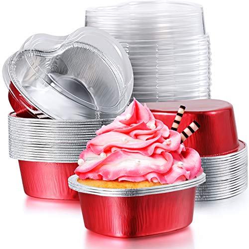 40 Sets Valentinstag Aluminium Folie Kuchen Pfanne Rotes Herz Geformt Cupcake Tassen mit Deckeln 100 ml/ 3,4 Unzen Einweg Mini Cupcake Tassen Torte Backbecher Pfannen mit Deckeln (Rot, 40) von Patelai
