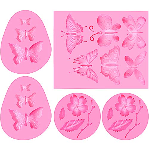 5 Stücke Silikon Fondant Formen Schmetterling und Blumen Fondant Kuchenformen Süßigkeiten Schokoladen Form für Herstellung Kuchen Dekoration, Polymer Ton, Wachs, DIY Zucker Handwerk von Patelai