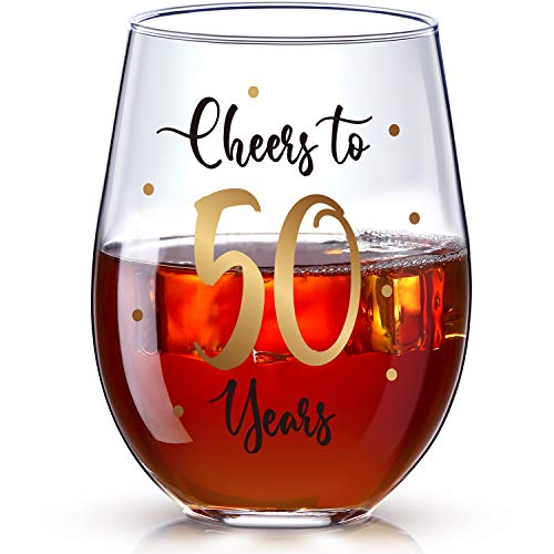 50. Geburtstag Stammlos Weinglas, Gold Cheers to 50 Years Geburtstag Weinglas Geschenk für Männer Frauen 50. Geburtstag Party Hochzeit Jahrestag Party Dekorationen, 17 Unzen Stammlos von Patelai