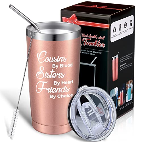 Cousins by Blood Sisters by Heart Friends by Choice Becher, Becher, für Abschlussfeier, Geburtstag, Weihnachten, Geschenkidee für Cousins, 590 ml, vakuumisolierter Reisebecher mit Box (Roségold) von Patelai