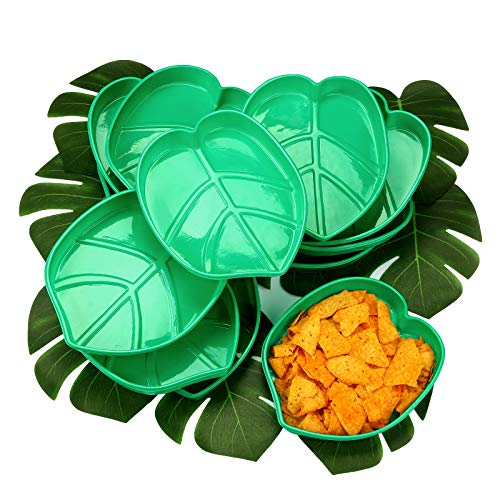 12 Sets Snack Tablett 12 Stück Palmblatt Hawaii Stil Wiederverwendbar Essen Tablett mit Tropisch Nachahmung Grün Pflanzenblätter, Kekse Chips, Süßigkeit Soße, für Insel Party Dekor, 8,3 x 7 Zoll von Patelai