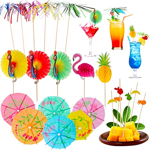 100 Stück Cocktail Picks Mehrfarbige Frucht Sticks Swizzle Stick Tropisch Regenschirm Picks Ananas Cocktail Pick Sonnenschirm Regenschirm Cupcake Topper Feuerwerk Zahnstocher für Hochzeit von Patelai