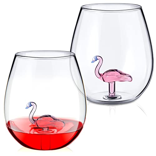 Patelai 2 Stück Weingläser Flamingo Copa Glas Kreative Gingläser für Frauen Männer Kristall Weinglas ohne Stiel Geschenke mit Flamingo im Inneren für Valentinstag Hochzeit Jahrestag Bar (Flamingo) von Patelai