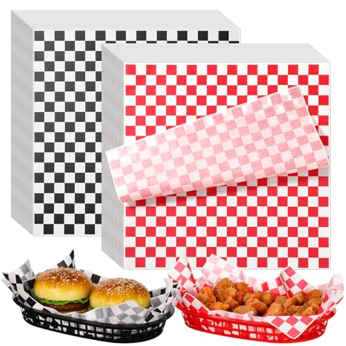 Patelai Fast-Food-Körbe und 100 Blatt karierte Deli-Einlagen, 26 x 17 cm, vielseitiges Kunststoff-Tablett für Burger, Pommes, Sandwiches, Hot Dogs, Grillen, Picknicks, Partys, 24 Stück von Patelai