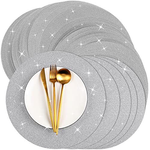 Patelai Glitzernde Papier-Tischsets, 33 cm, Weihnachten, glänzende Einweg-Tischsets, rund, dekorative Platzsets, Papierdeckchen für Tisch, Esszimmer, Bankett, Hochzeit, Party (Silber, 100 Stück) von Patelai