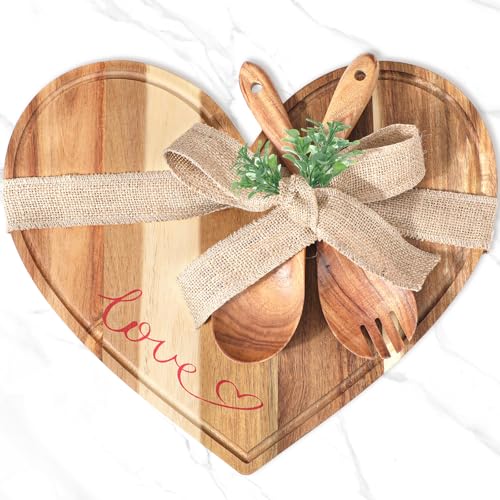 Patelai Hochzeitsgeschenke Holzschneidebrett Herz Charcuterie Brett Brautdusche Geschenke Akazienholz Schneidebrett mit Löffel und Gabel für Paare Ehemann Ehefrau Brautdusche Mr and Mrs von Patelai