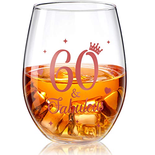 Stammlos Weinglas Roségold Geburtstag Weinglas Geschenk Jubiläum Gläser für Mann Frauen Geburtstag Party Hochzeit Jahrestag Dekorationen, 17 Unzen (60 and Fabulous) von Patelai