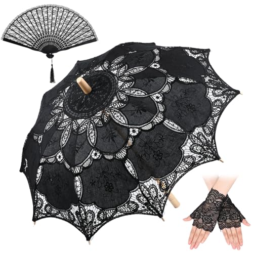 Paterr 3 Stück Vintage Spitze Sonnenschirm Gothic Schwarz Spitze Hand Faltbarer Fan Handschuh Lolita Regenschirm für Halloween Hexe Hochzeit Braut Cosplay Fotoshooting Lady Kostüm Requisiten 1920er Paterr 3 Stück Vintage Spitze Sonnenschirm Gothic Schwarz Spitze Hand Faltbarer Fan Handschuh Lolita Regenschirm für Halloween Hexe Hochzeit Braut Cosplay Fotoshooting Lady Kostüm Requisiten 1920er von Paterr