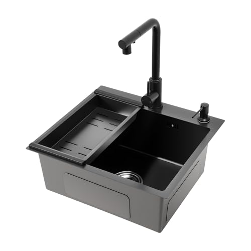 Edelstahl Spülbecken mit Ausziehbarer Wasserhahn,50 * 45 Küchenspüle 20cm Tiefe Doppelspüle Rechteckige Einbauspüle Gewerbliche Einzelspüle Edelstahl Überlauf Verhindern Kitchen Sink von PattenlLevi