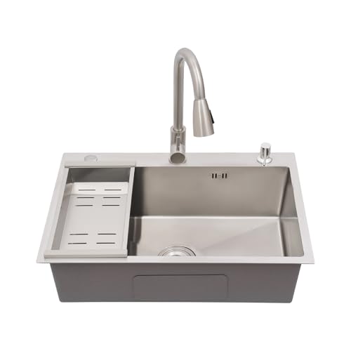 Küchenspüle Edelstahlspülen-Set mit Tassenwascher, Seifenspender, Wasserhahn,3 Löcher EinbauspüLe 68x 45x20cm Einzelbecken (Silber) von PattenlLevi