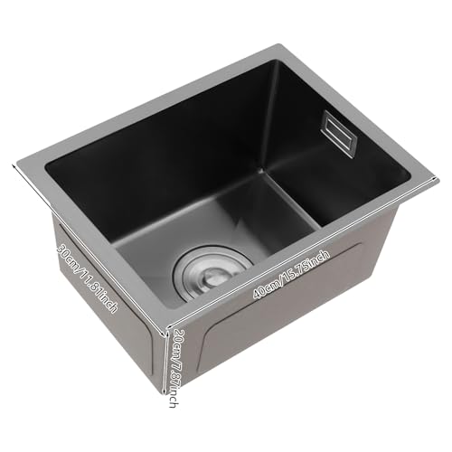 Spülbecken Edelstahl 40 * 30 * 20cm Küchenspüle Rechteckige Einbauspüle Gewerbliche Einzelspüle Edelstahl Drahtziehen 1 Becken Überlauf Verhindern Kitchen Sink,Innere Silber/Schwarz (Schwarz) von PattenlLevi