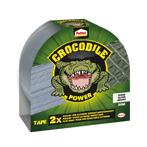 Pattex Crocodile Power Klebeband, starkes Gewebeband mit doppelter Dicke, extreme Widerstandsfähigkeit für schwierigste Reparaturen, Duct Tape für verschiedene Materialien, silber, 1 x 20m von Pattex