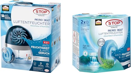 Bundle aus Pattex AERO 360º Luftentfeuchter, ultra-absorbierender Raumentfeuchter gegen Kondenswasser, Schimmel- und Modergeruch, 1 Gerät inkl. 1 Nachfülltab 450g + Pattex AERO 360° Frischer Wasserfal von Pattex